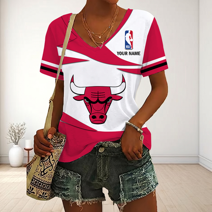 EXCLUSIVE EDITION - NEW CUSTOMIZED NBA19 CBU CHICAGO BULLS V-NECK FEMALE SHIRT