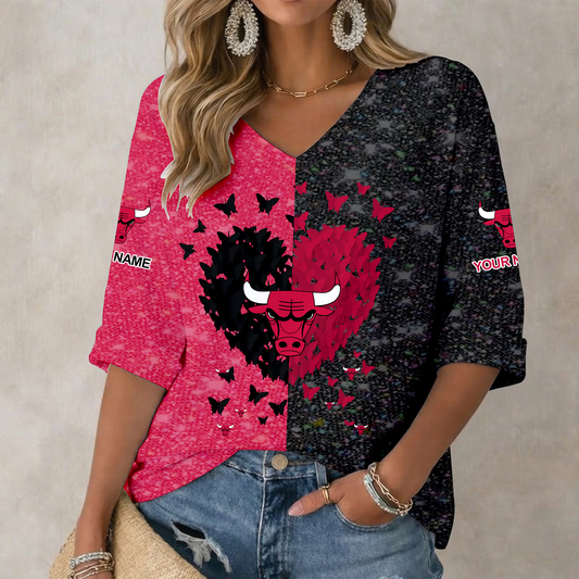 SPECIAL EDITION - NEW CUSTOMIZED CBU CHICAGO BULLS WOMEN'S HEART V-NECK LONG SLEEVE SHIRT - NBA19