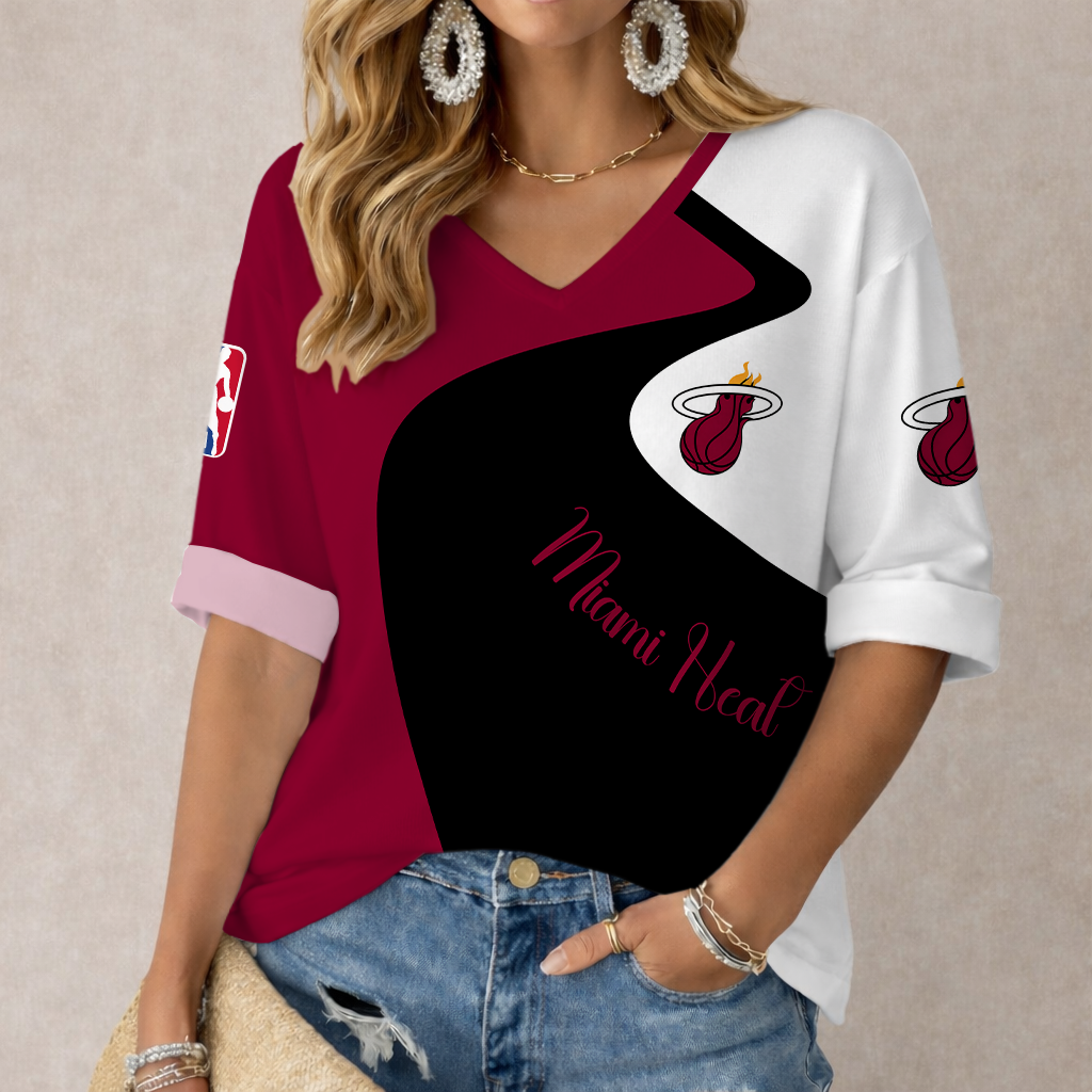 EXCLUSIVE EDITION - NEW CUSTOMIZED NBA20 MHE MIAMI HEAT WOMEN'S V-NECK LONG SLEEVE SHIRT