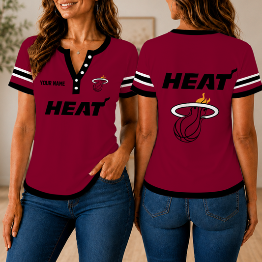 VIRAL EDITION - NEW CUSTOMIZED NBA20 MHE MIAMI HEAT  WOMEN'S SHORT SLEEVE HENLEY T-SHIRT