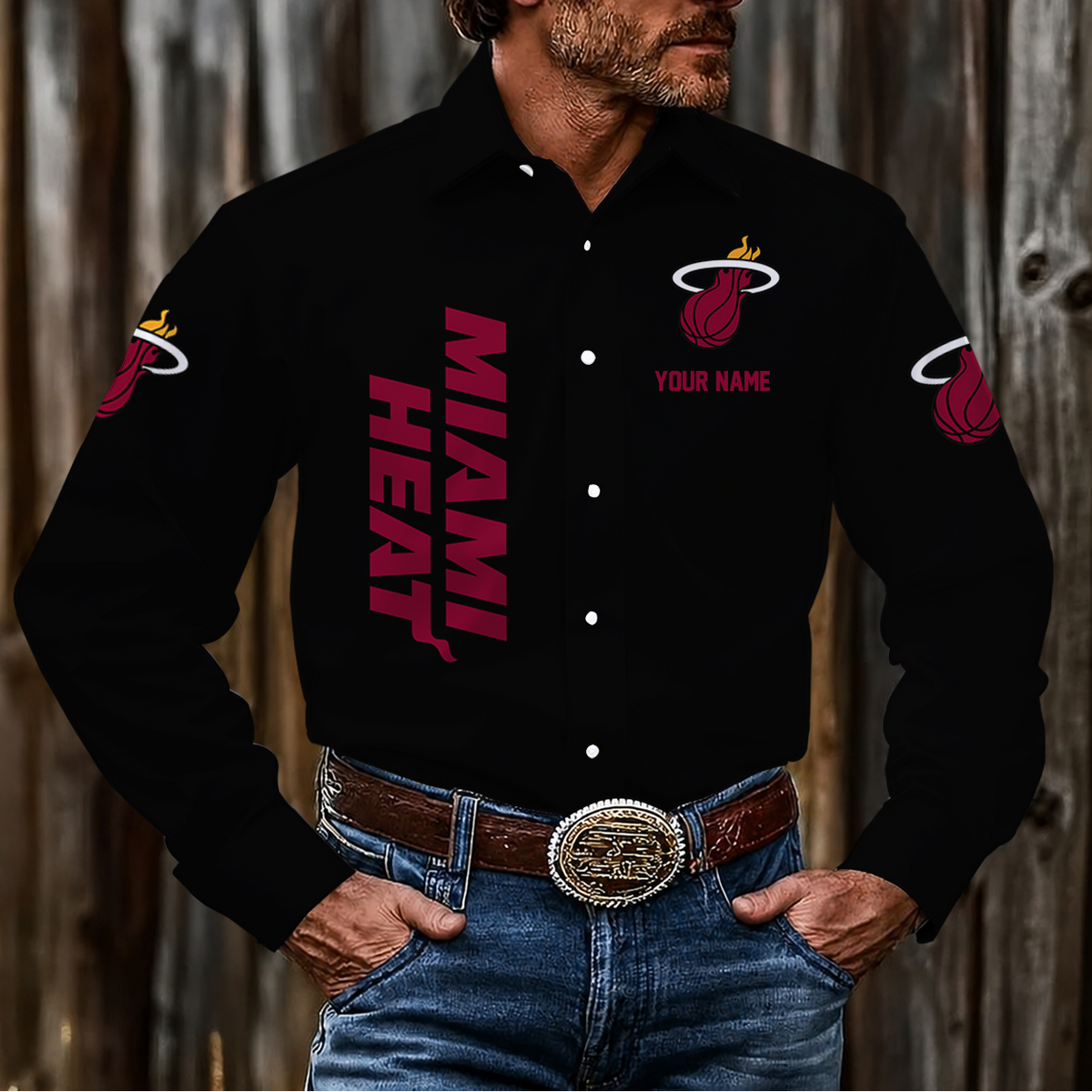 HOT DEAL - NEW CUSTOMIZED NBA20 MHE MIAMI HEAT MEN'S LONG SLEEVE BUTTON-UP SHIRT