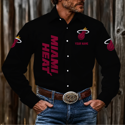 HOT DEAL - NEW CUSTOMIZED NBA20 MHE MIAMI HEAT MEN'S LONG SLEEVE BUTTON-UP SHIRT