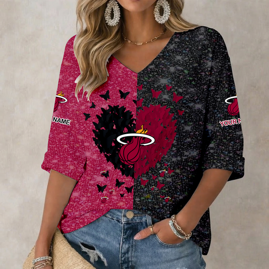 SPECIAL EDITION - NEW CUSTOMIZED MHE MIAMI HEAT WOMEN'S HEART V-NECK LONG SLEEVE SHIRT - NBA20