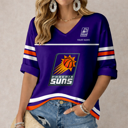 ELITE EDITION - NEW CUSTOMIZED PSU PHOENIX SUNS WOMEN'S HEART V-NECK LONG SLEEVE SHIRT - NBA21