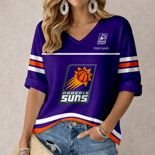 ELITE EDITION - NEW CUSTOMIZED PSU PHOENIX SUNS WOMEN'S HEART V-NECK LONG SLEEVE SHIRT - NBA21