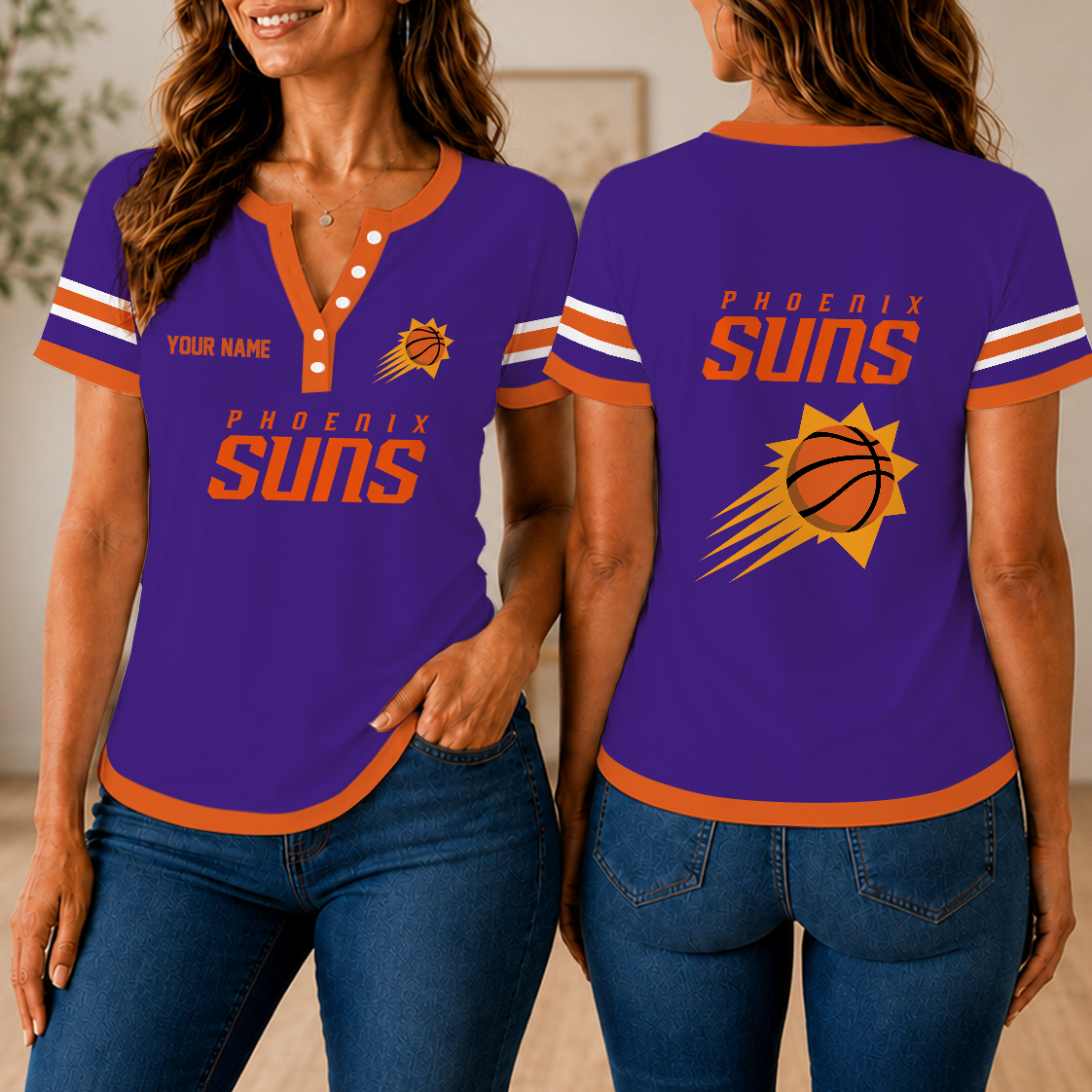 VIRAL EDITION - NEW CUSTOMIZED NBA21 PSU PHOENIX SUNS  WOMEN'S SHORT SLEEVE HENLEY T-SHIRT