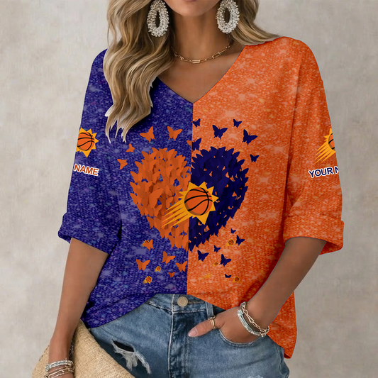SPECIAL EDITION - NEW CUSTOMIZED PSU PHOENIX SUNS WOMEN'S HEART V-NECK LONG SLEEVE SHIRT - NBA21