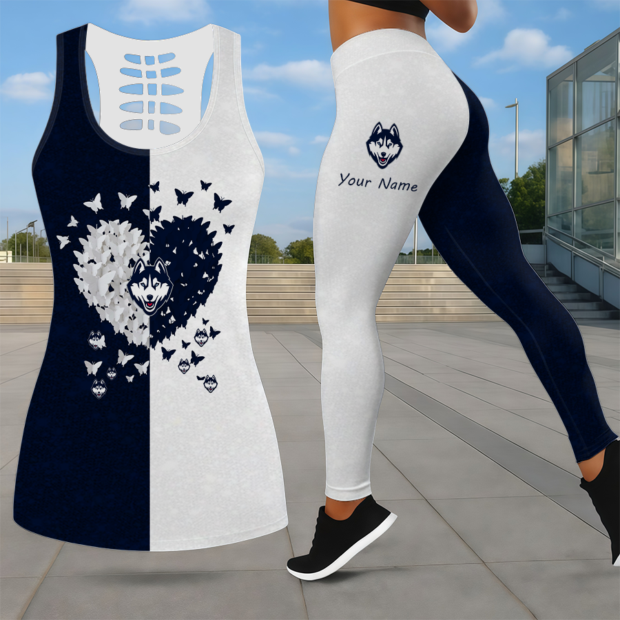 MEGA SALE - NEW CUSTOMIZED NCAA MAM21 UCH UCONN HUSKIES LEGGINGS & HOLLOW TANK TOP SET