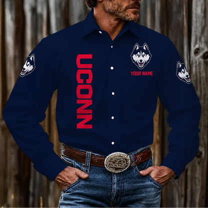 VIRAL EDITION - NEW CUSTOMIZED NCAA MAM21 UCH UCONN HUSKIES MEN'S LONG SLEEVE BUTTON-UP SHIRT