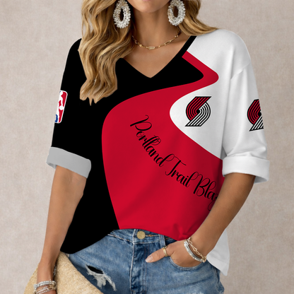 EXCLUSIVE EDITION - NEW CUSTOMIZED NBA22 PTB PORTLAND TRAIL BLAZERS WOMEN'S V-NECK LONG SLEEVE SHIRT