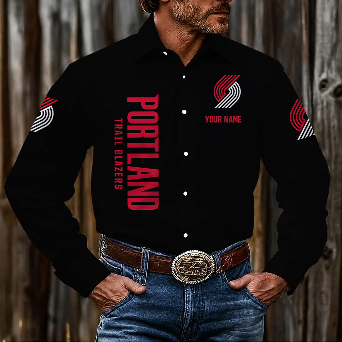 HOT DEAL - NEW CUSTOMIZED NBA22 PTB PORTLAND TRAIL BLAZERS MEN'S LONG SLEEVE BUTTON-UP SHIRT
