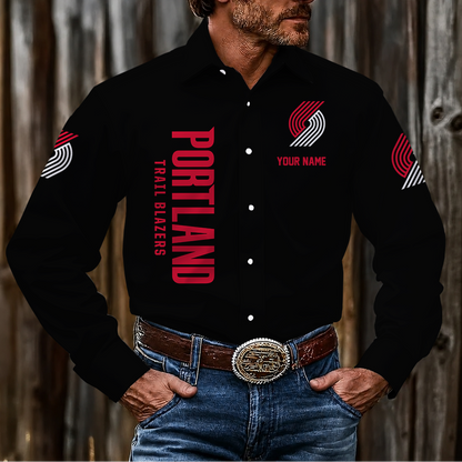 HOT DEAL - NEW CUSTOMIZED NBA22 PTB PORTLAND TRAIL BLAZERS MEN'S LONG SLEEVE BUTTON-UP SHIRT