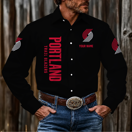HOT DEAL - NEW CUSTOMIZED NBA22 PTB PORTLAND TRAIL BLAZERS MEN'S LONG SLEEVE BUTTON-UP SHIRT