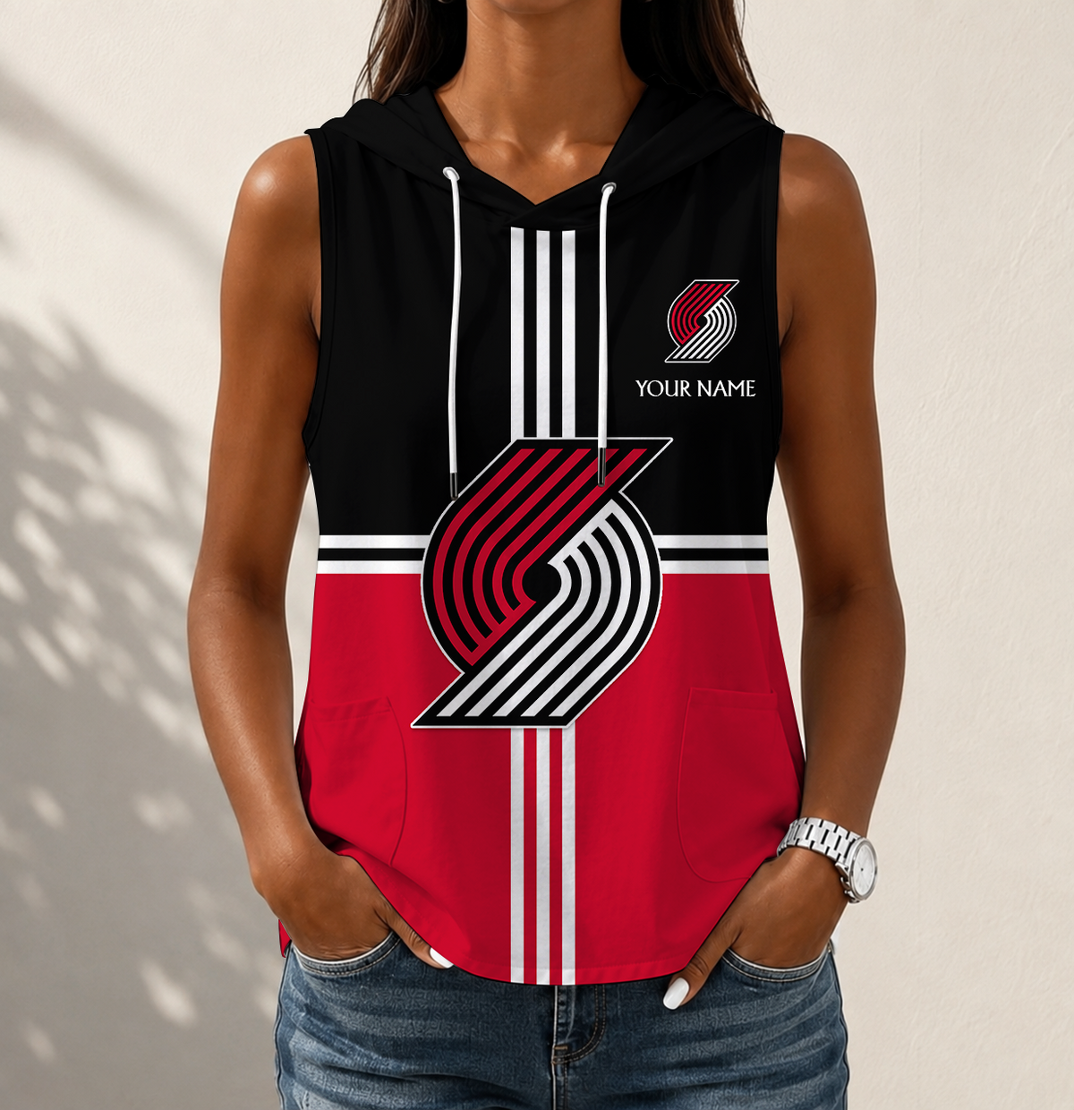 HOT DEAL - NEW CUSTOMIZED NBA22 PTB PORTLAND TRAIL BLAZERS WOMEN'S SLEEVELESS HOODED POCKET TANK TOP