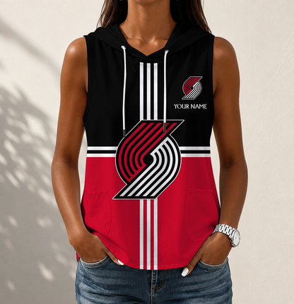 HOT DEAL - NEW CUSTOMIZED NBA22 PTB PORTLAND TRAIL BLAZERS WOMEN'S SLEEVELESS HOODED POCKET TANK TOP