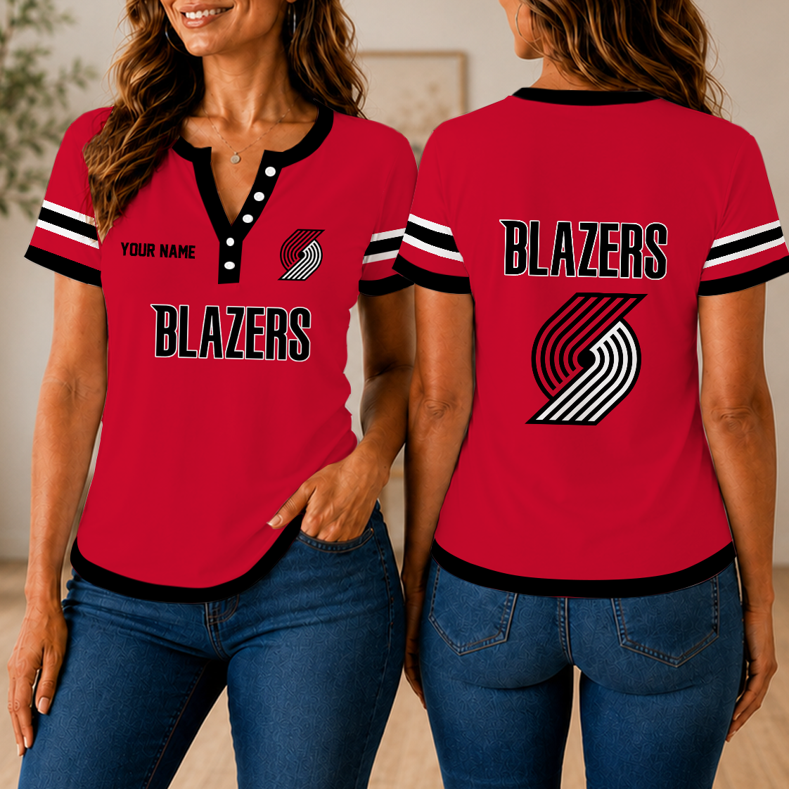 VIRAL EDITION - NEW CUSTOMIZED NBA22 PTB PORTLAND TRAIL BLAZERS  WOMEN'S SHORT SLEEVE HENLEY T-SHIRT