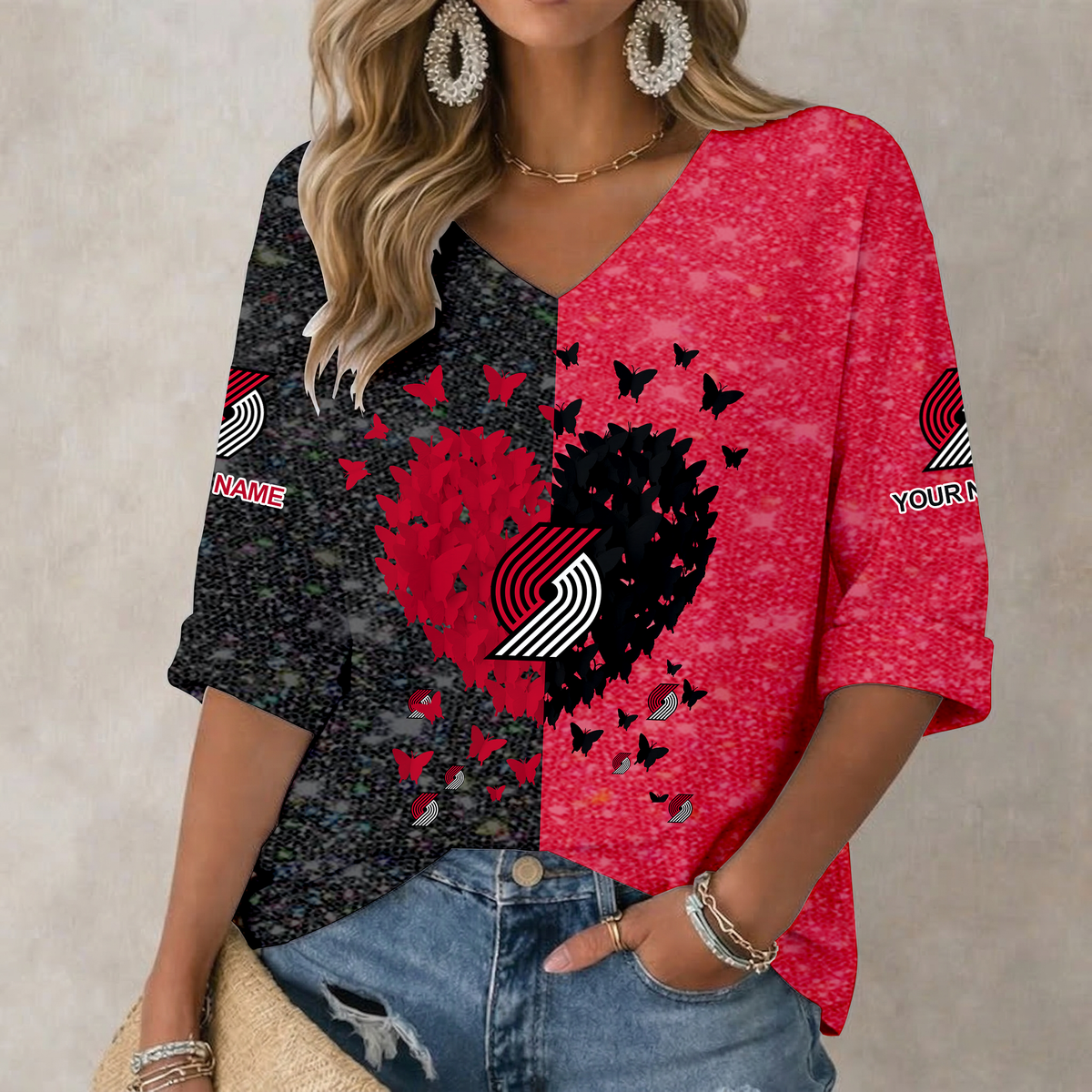 SPECIAL EDITION - NEW CUSTOMIZED PTB PORTLAND TRAIL BLAZERS WOMEN'S HEART V-NECK LONG SLEEVE SHIRT - NBA22