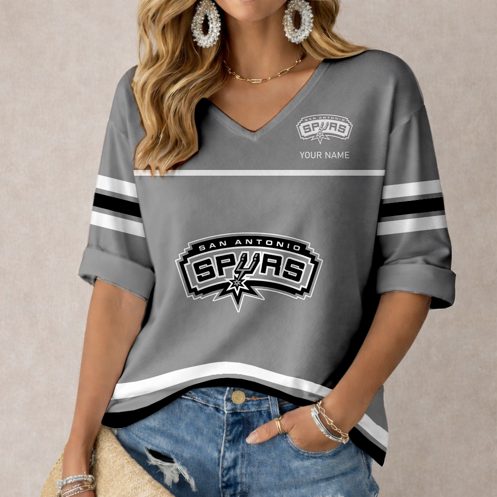 ELITE EDITION - NEW CUSTOMIZED SAS SAN ANTONIO SPURS WOMEN'S HEART V-NECK LONG SLEEVE SHIRT - NBA23