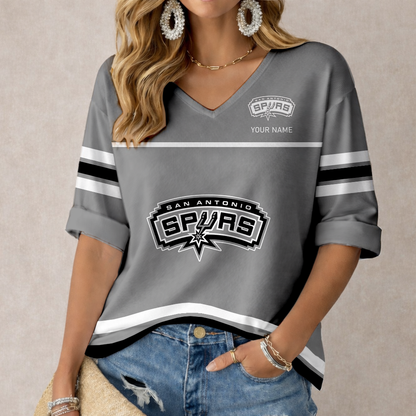 ELITE EDITION - NEW CUSTOMIZED SAS SAN ANTONIO SPURS WOMEN'S HEART V-NECK LONG SLEEVE SHIRT - NBA23