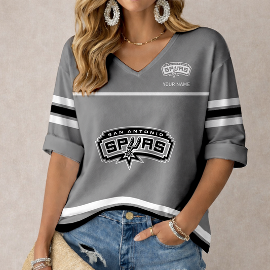 ELITE EDITION - NEW CUSTOMIZED SAS SAN ANTONIO SPURS WOMEN'S HEART V-NECK LONG SLEEVE SHIRT - NBA23