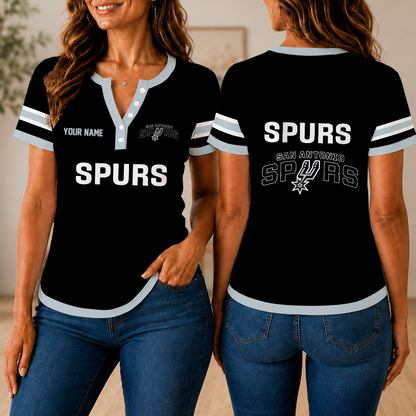 VIRAL EDITION - NEW CUSTOMIZED NBA23 SAS SAN ANTONIO SPURS  WOMEN'S SHORT SLEEVE HENLEY T-SHIRT