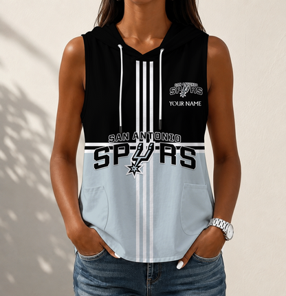 HOT DEAL - NEW CUSTOMIZED NBA23 SAS SAN ANTONIO SPURS WOMEN'S SLEEVELESS HOODED POCKET TANK TOP