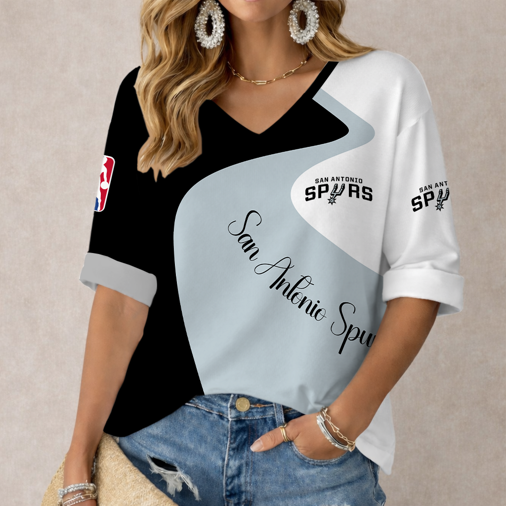 EXCLUSIVE EDITION - NEW CUSTOMIZED NBA23 SAS SAN ANTONIO SPURS WOMEN'S V-NECK LONG SLEEVE SHIRT