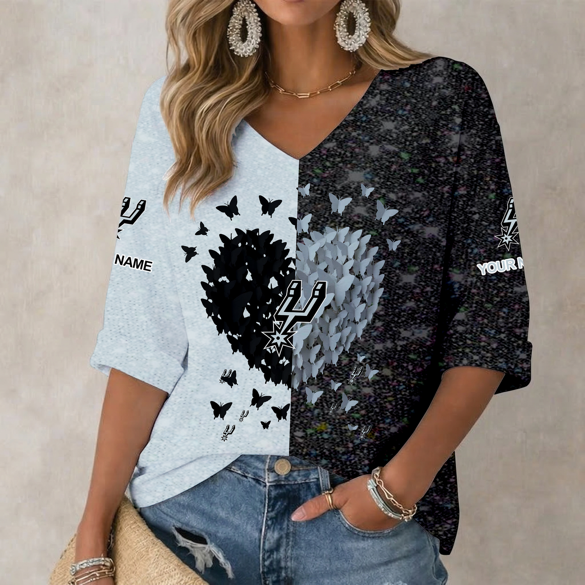 SPECIAL EDITION - NEW CUSTOMIZED SAS SAN ANTONIO SPURS WOMEN'S HEART V-NECK LONG SLEEVE SHIRT - NBA23