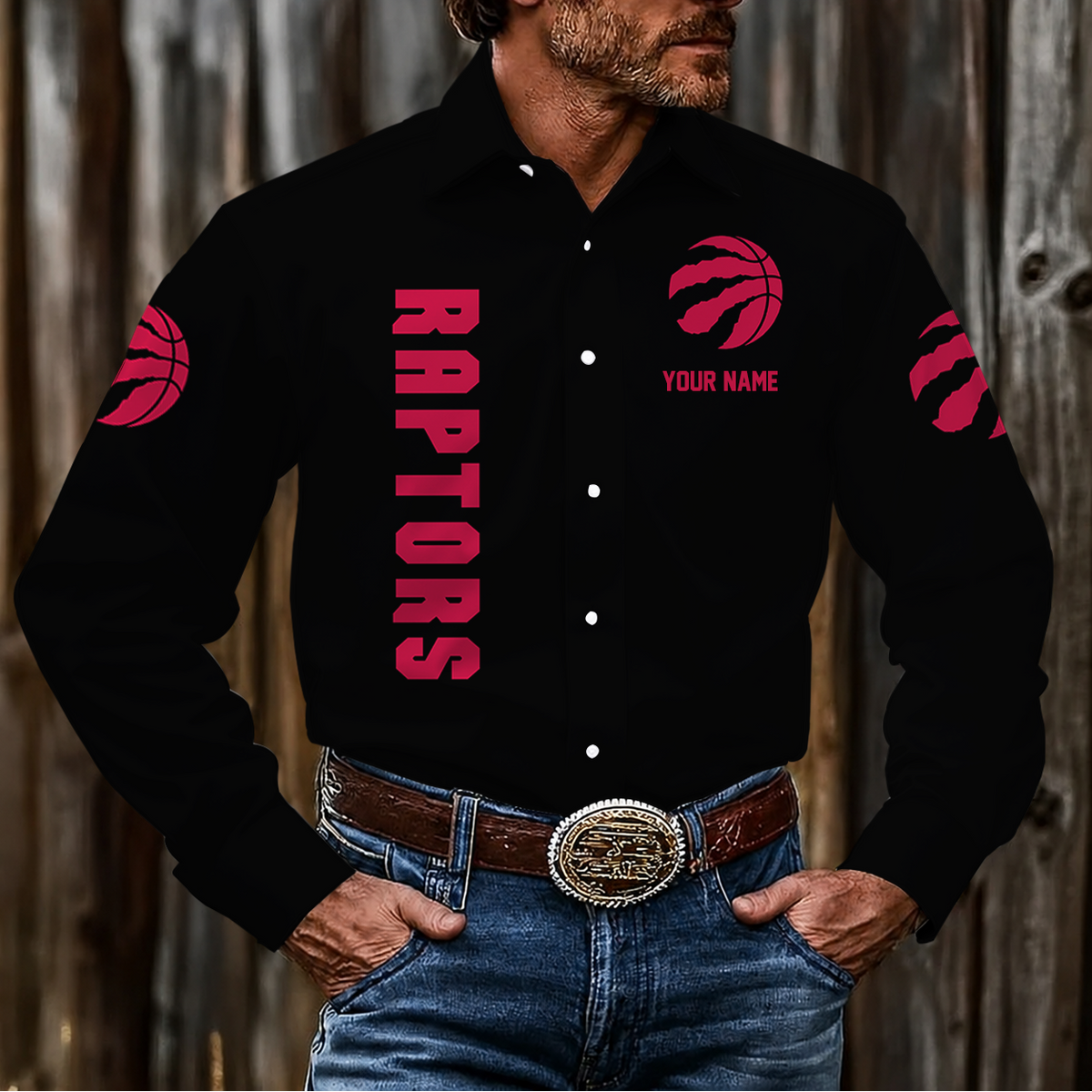 HOT DEAL - NEW CUSTOMIZED NBA24 TRA TORONTO RAPTORS MEN'S LONG SLEEVE BUTTON-UP SHIRT