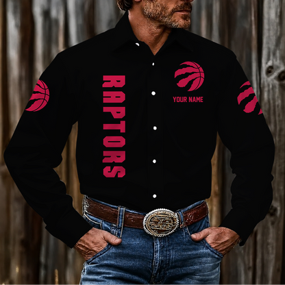 HOT DEAL - NEW CUSTOMIZED NBA24 TRA TORONTO RAPTORS MEN'S LONG SLEEVE BUTTON-UP SHIRT