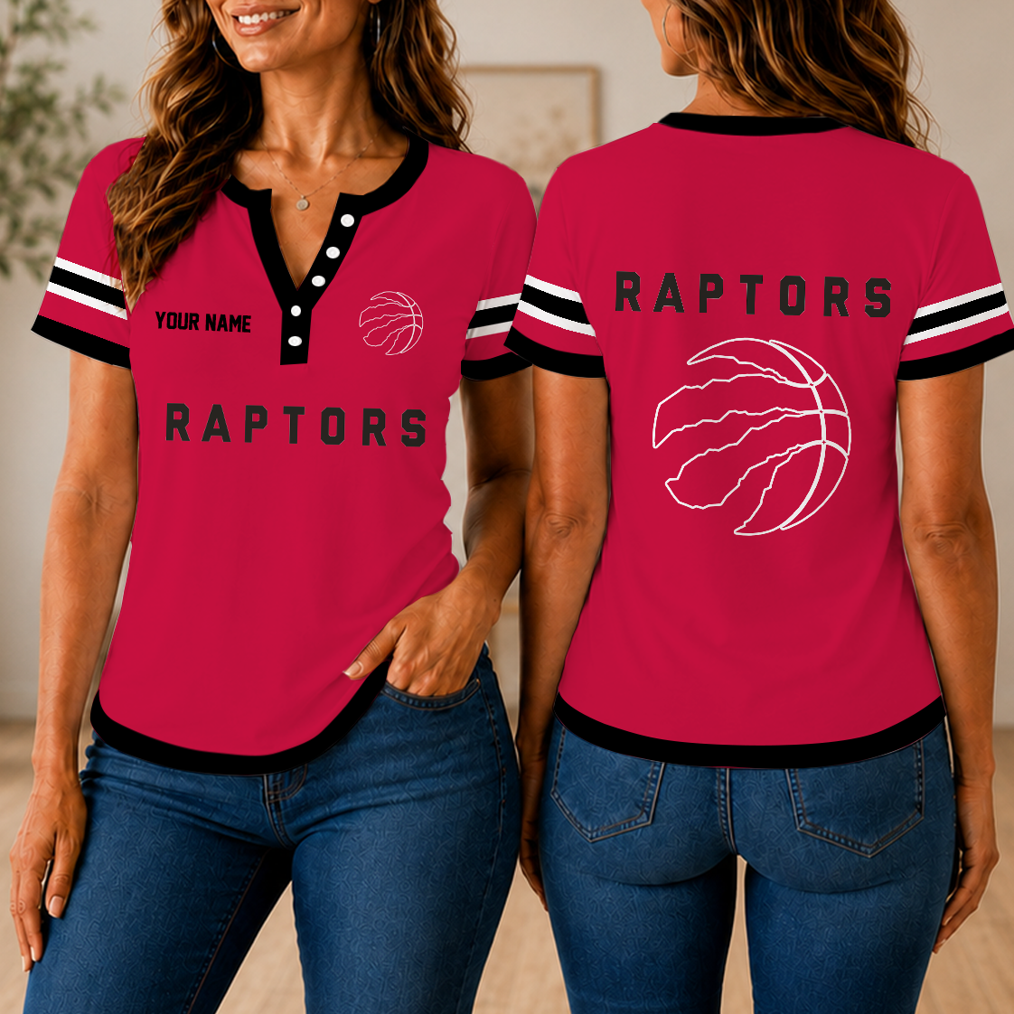 VIRAL EDITION - NEW CUSTOMIZED NBA24 TRA TORONTO RAPTORS  WOMEN'S SHORT SLEEVE HENLEY T-SHIRT