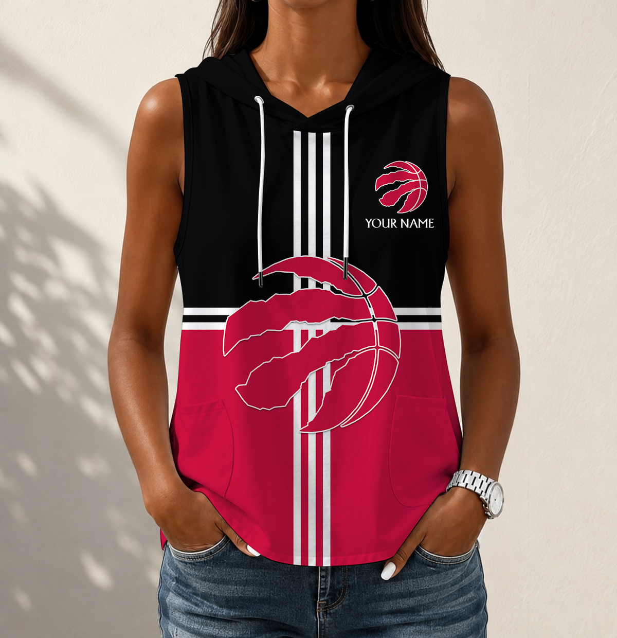 HOT DEAL - NEW CUSTOMIZED NBA24 TRA TORONTO RAPTORS WOMEN'S SLEEVELESS HOODED POCKET TANK TOP