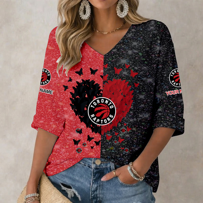 SPECIAL EDITION - NEW CUSTOMIZED TRA TORONTO RAPTORS WOMEN'S HEART V-NECK LONG SLEEVE SHIRT - NBA24