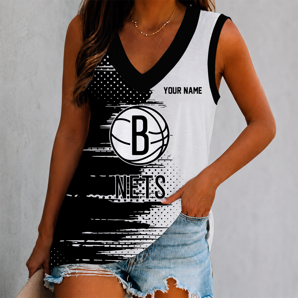 LIMITED EDITION - NEW CUSTOMIZED NBA25 BNE BROOKLYN NETS WOMEN'S V-NECK TANK TOP