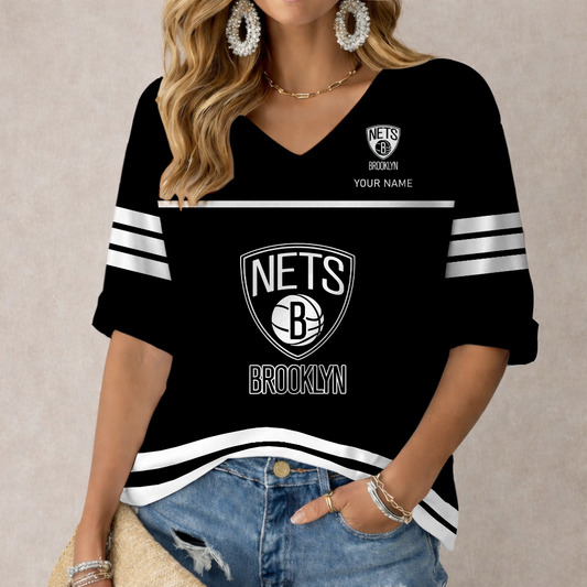 ELITE EDITION - NEW CUSTOMIZED BNE BROOKLYN NETS WOMEN'S HEART V-NECK LONG SLEEVE SHIRT - NBA25