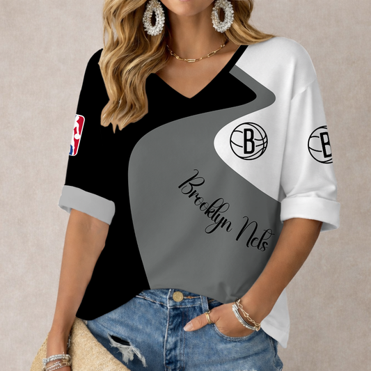 EXCLUSIVE EDITION - NEW CUSTOMIZED NBA25 BNE BROOKLYN NETS WOMEN'S V-NECK LONG SLEEVE SHIRT