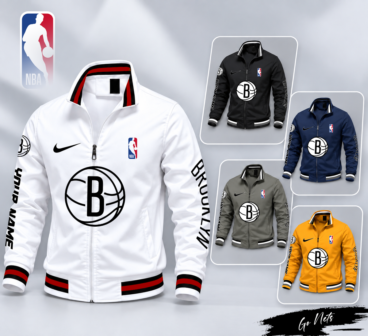 FINAL SALE - NEW CUSTOMIZED NBA25 BNE BROOKLYN NETS MULTICOLOR MEN'S CASUAL JACKET
