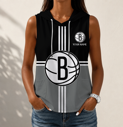 HOT DEAL - NEW CUSTOMIZED NBA25 BNE BROOKLYN NETS WOMEN'S SLEEVELESS HOODED POCKET TANK TOP