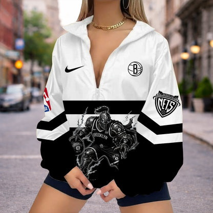 LIMITED EDITION - NEW CUSTOMIZED BNE BROOKLYN NETS V-NECK ZIPPER SWEATSHIRT JACKET - NBA25