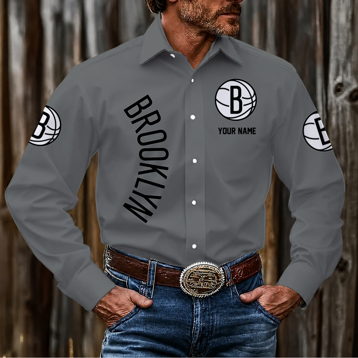 HOT DEAL - NEW CUSTOMIZED NBA25 BNE BROOKLYN NETS MEN'S LONG SLEEVE BUTTON-UP SHIRT