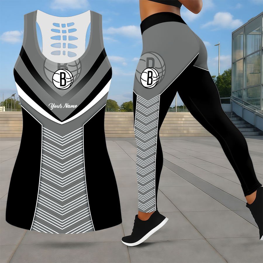 ELITE EDITION - NEW CUSTOMIZED NBA25 BNE BROOKLYN NETS LEGGINGS & HOLLOW TANK TOP SET