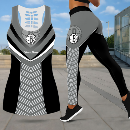 ELITE EDITION - NEW CUSTOMIZED NBA25 BNE BROOKLYN NETS LEGGINGS & HOLLOW TANK TOP SET