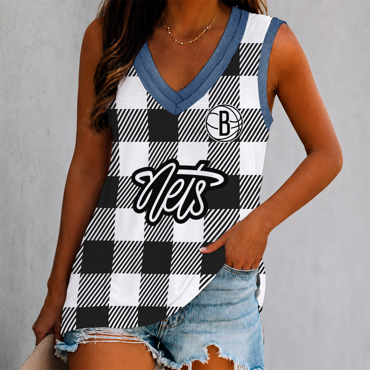 ELITE EDITION - NEW CUSTOMIZED NBA25 BNE BROOKLYN NETS WOMEN'S V-NECK TANK TOP