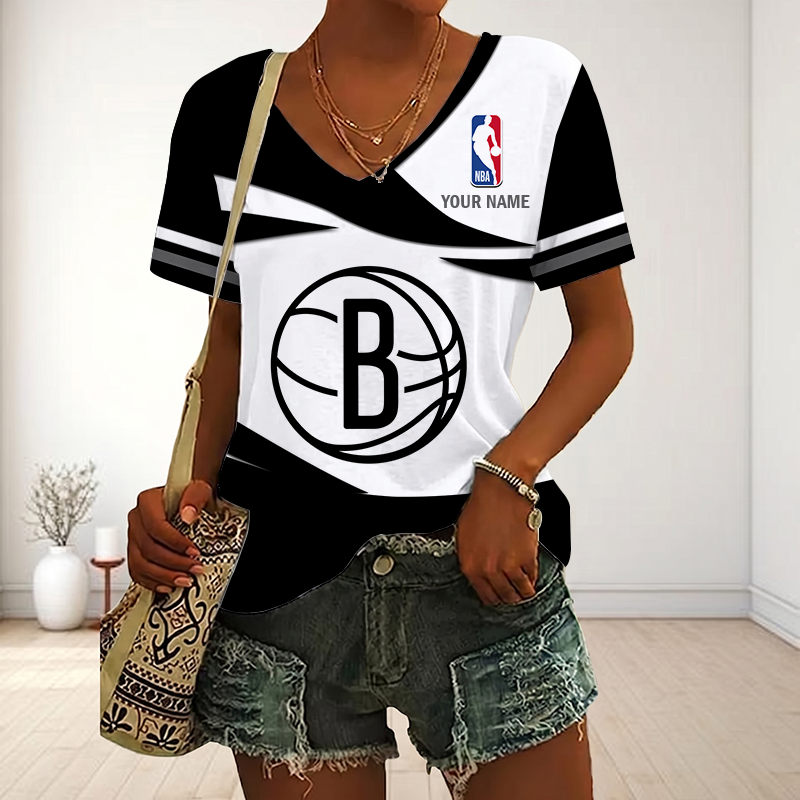 EXCLUSIVE EDITION - NEW CUSTOMIZED NBA25 BNE BROOKLYN NETS V-NECK FEMALE SHIRT
