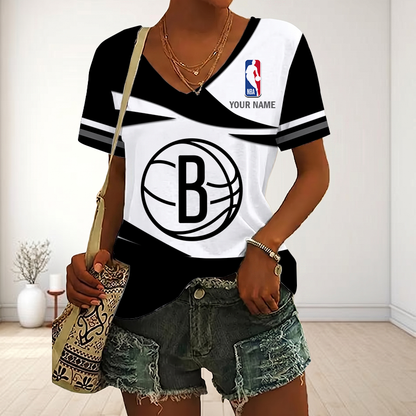 EXCLUSIVE EDITION - NEW CUSTOMIZED NBA25 BNE BROOKLYN NETS V-NECK FEMALE SHIRT