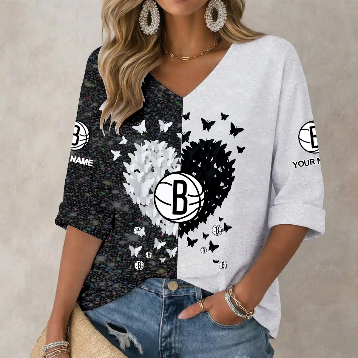 SPECIAL EDITION - NEW CUSTOMIZED BNE BROOKLYN NETS WOMEN'S HEART V-NECK LONG SLEEVE SHIRT - NBA25