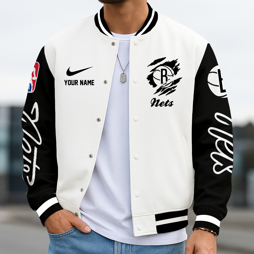 LIMITED DROP - NEW CUSTOMIZED BNE BR NETS BASEBALL JACKET, SATIN VARSITY JACKET - NBA25