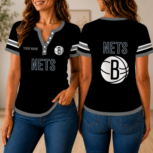 VIRAL EDITION - NEW CUSTOMIZED NBA25 BNE BROOKLYN NETS  WOMEN'S SHORT SLEEVE HENLEY T-SHIRT