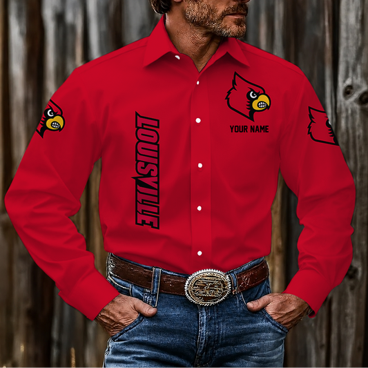 VIRAL EDITION - NEW CUSTOMIZED NCAA MAM25 ULC LOUISVILLE CARDINALS MEN'S LONG SLEEVE BUTTON-UP SHIRT