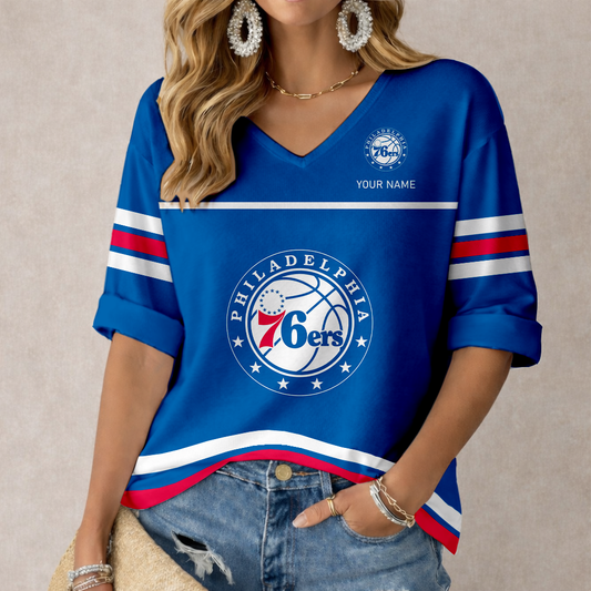ELITE EDITION - NEW CUSTOMIZED P76 PHILADELPHIA 76ERS WOMEN'S HEART V-NECK LONG SLEEVE SHIRT - NBA26